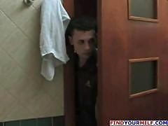 Russian mom with glasses fucked in the shower